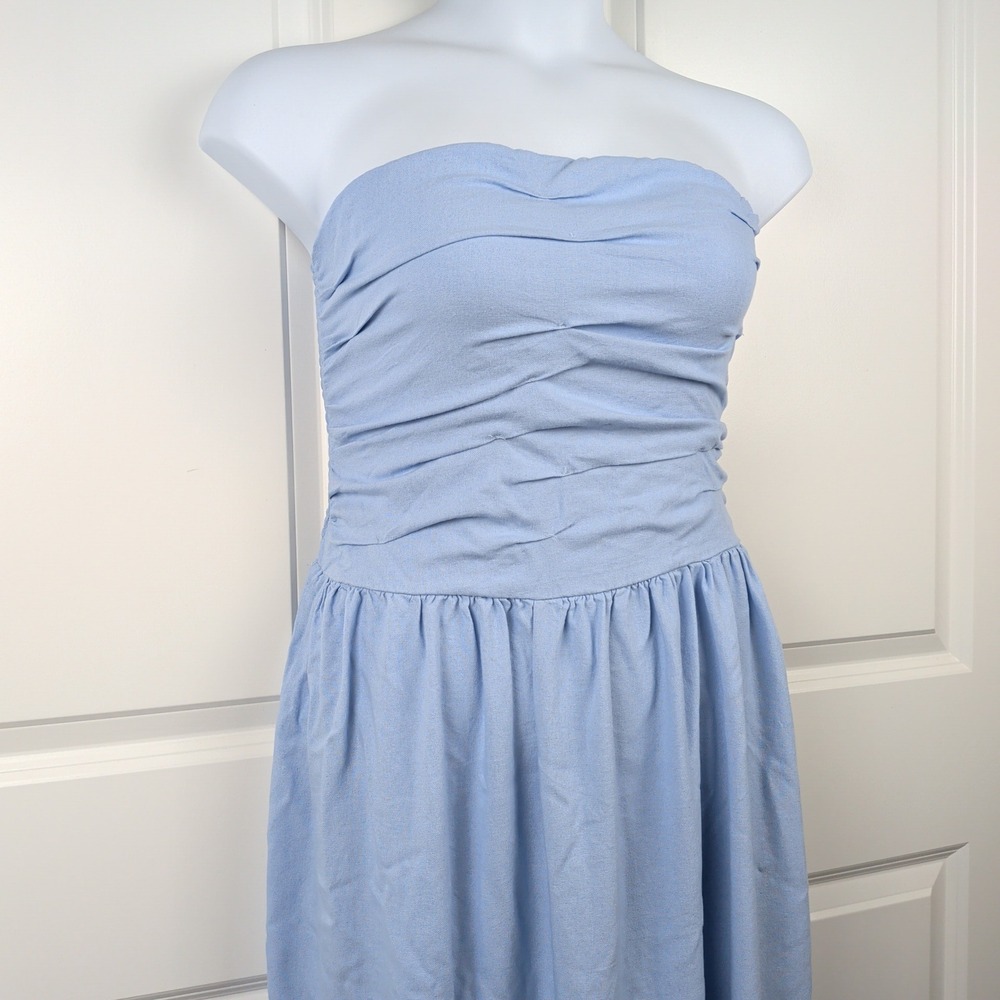 Coastal Beachy Blue Linen Blend Strapless Ruched Smocked Midi Dress Medium